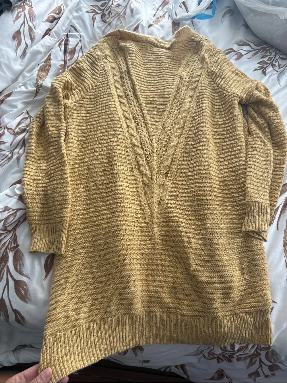 Pinque Mustard Open Front Cable-Trim Cardigan